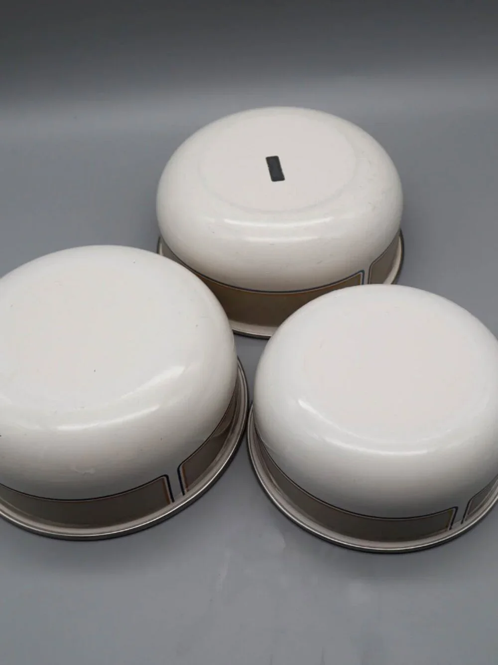 3 Vintage Kobe Kitchen Enamelware Bowls Mod Geometric Design Art Deco MCM